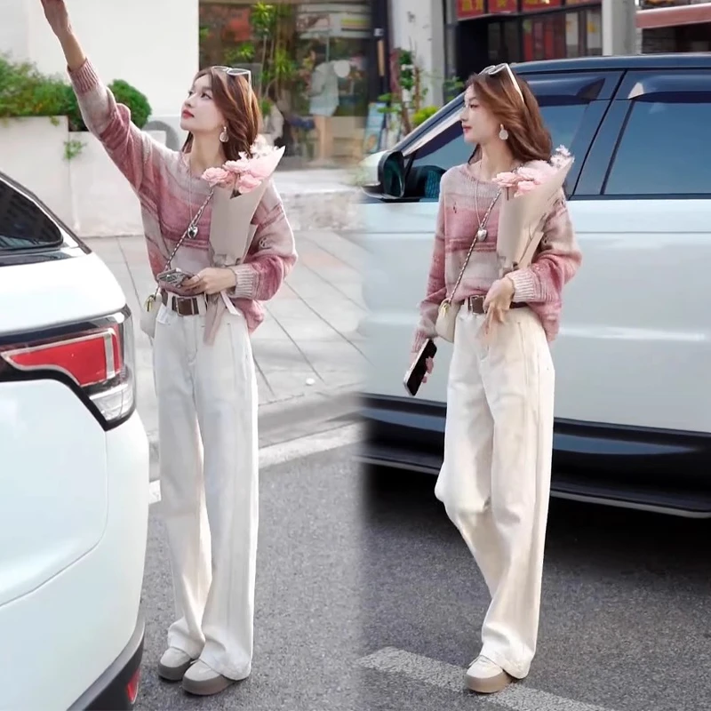 气质穿搭一整套初秋2024新款慵懒宽松条纹长袖毛衣+休闲裤套装女