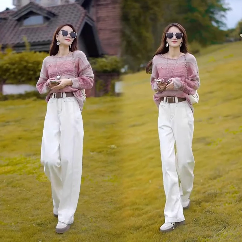 早秋气质穿搭一整套高级感渐变条纹镂空针织衫+直筒休闲裤套装女