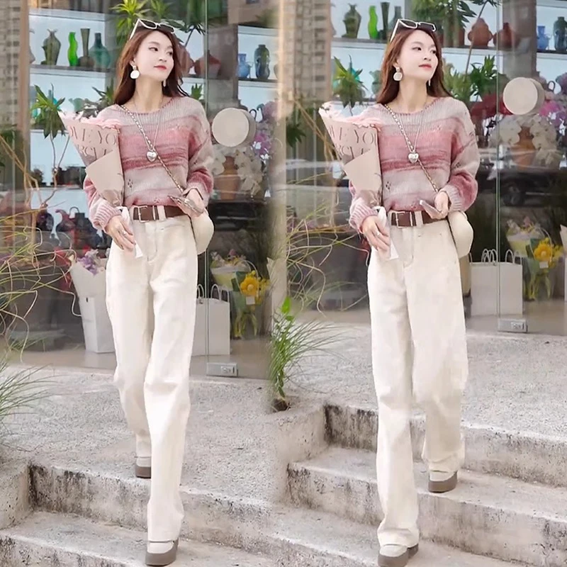 秋季穿搭一整套女慵懒风宽松渐变条纹镂空针织衫毛衣休闲裤两件套