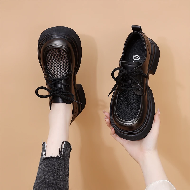 网纱透气小皮鞋女英伦风2025春夏新款真皮薄款单鞋厚底网面乐福鞋