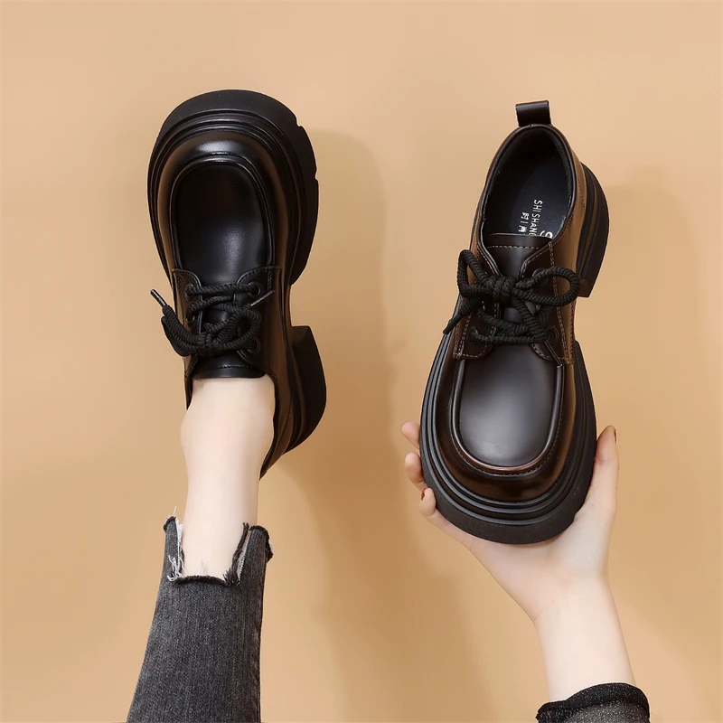 小皮鞋女春季2025新款真皮百搭厚底单鞋透气圆头系带乐福鞋上班族
