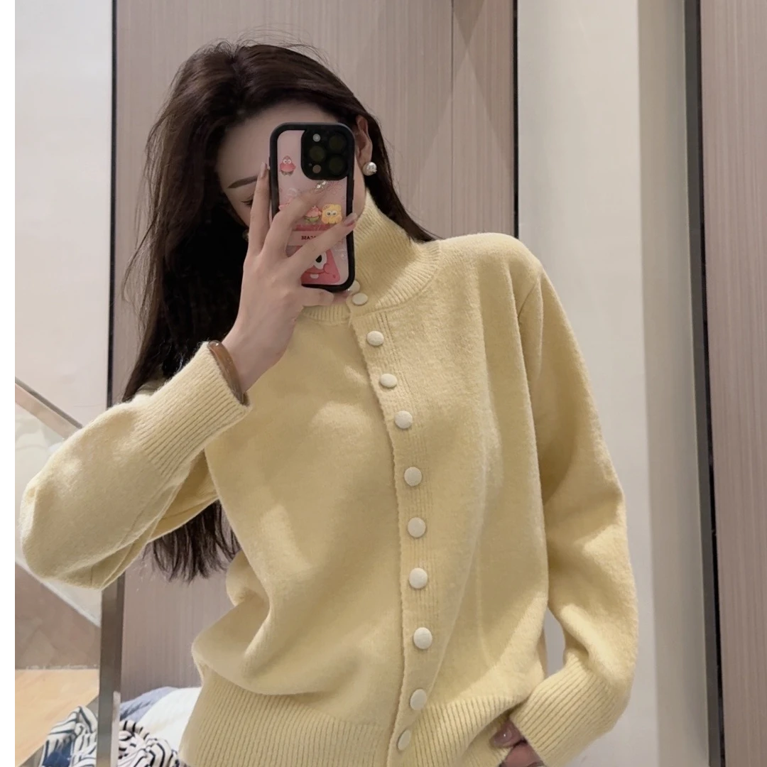 高领针织开衫女2024秋冬季复古慵懒风高级感宽松毛衣外套