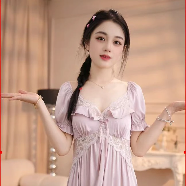 查理夫人【步步生莲】紫夏季新品女蕾丝镂空睡裙温柔薄款家居服睡裙