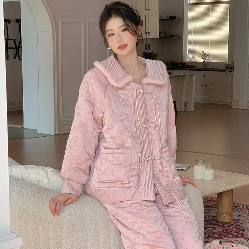查理夫人【烟芷】套装2024新款三层夹棉睡衣女冬季加绒加厚睡衣洋气