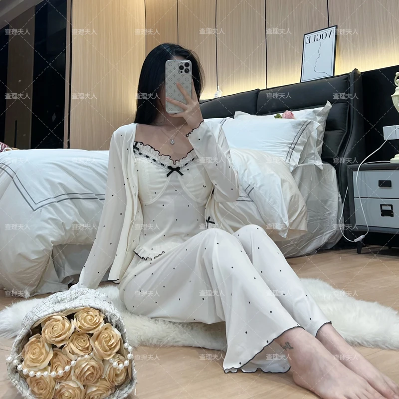 Y查理夫人【神明少女】春夏气质莫代尔睡衣女坑条波点家居服三件套