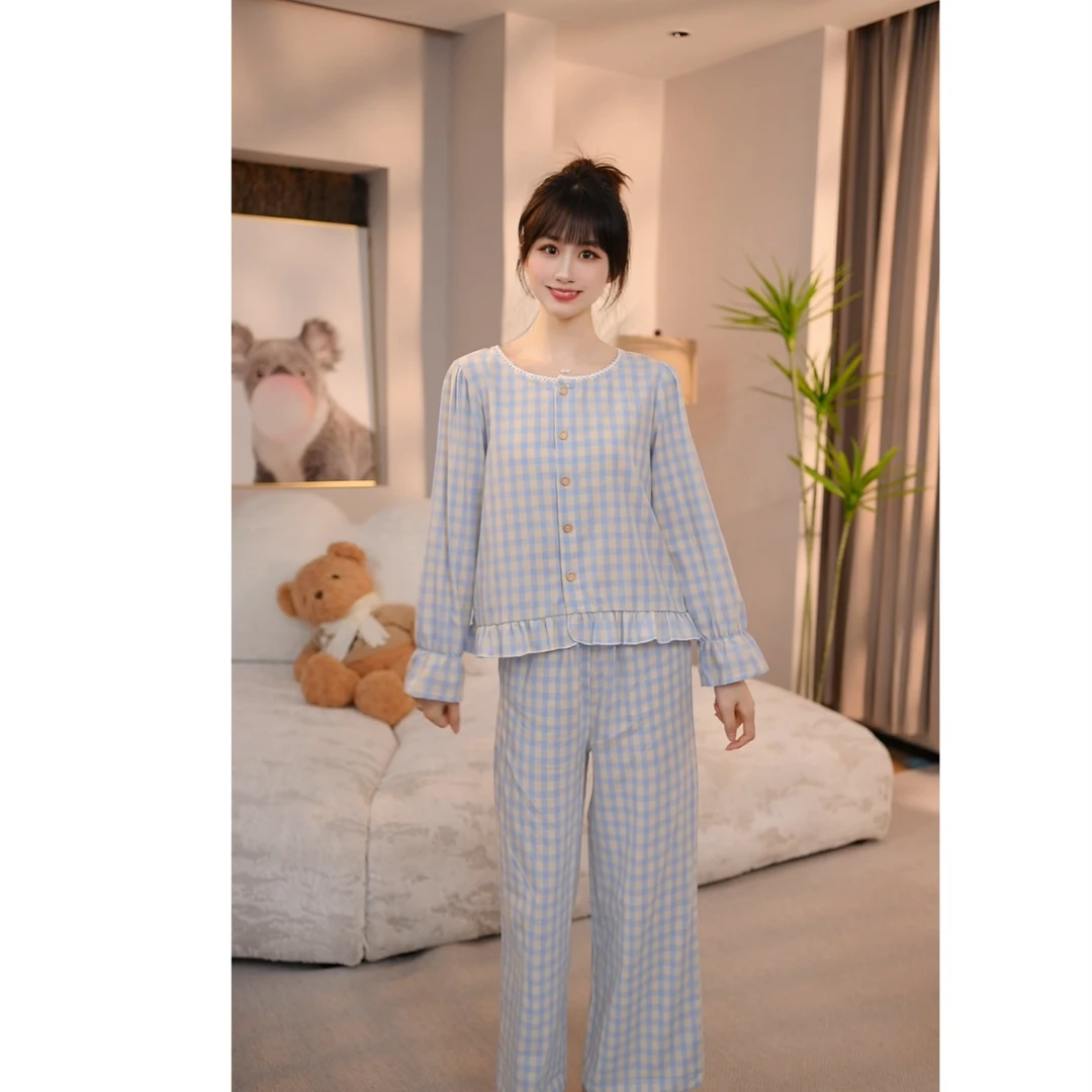【蓝格子】长袖纯棉睡衣女套装秋季薄款宽松甜美网红休闲学生韩版