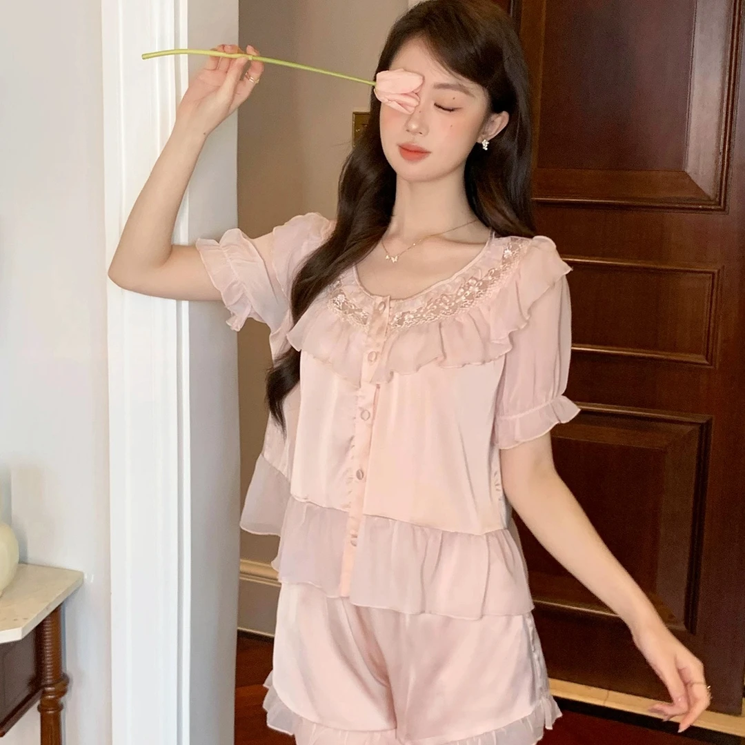 查理夫人【茉冉】睡衣女套装家居服夏季薄款花边宽松简约娃娃领