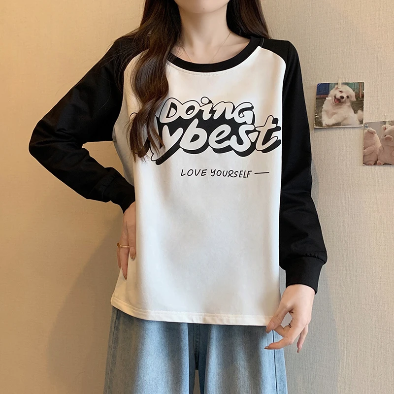 8382大码女装2024春秋新款甜美宽松印花百搭圆领插肩袖T恤打底衫