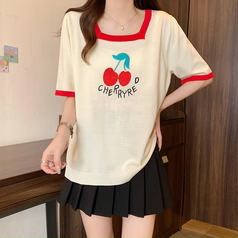 大码女装2024夏装温柔甜美短袖胖MM气质冰丝针织撞色刺绣上衣3098