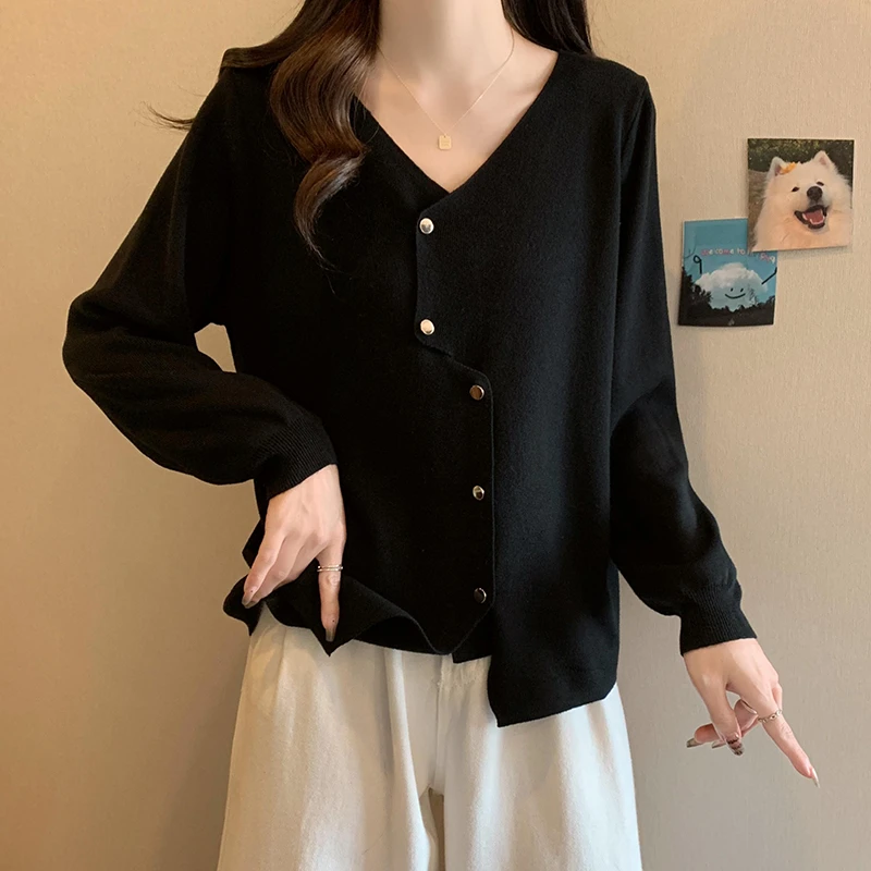 8437大码长袖针织衫毛衣上衣春秋款黑色外搭宽松显瘦气质洋气百搭