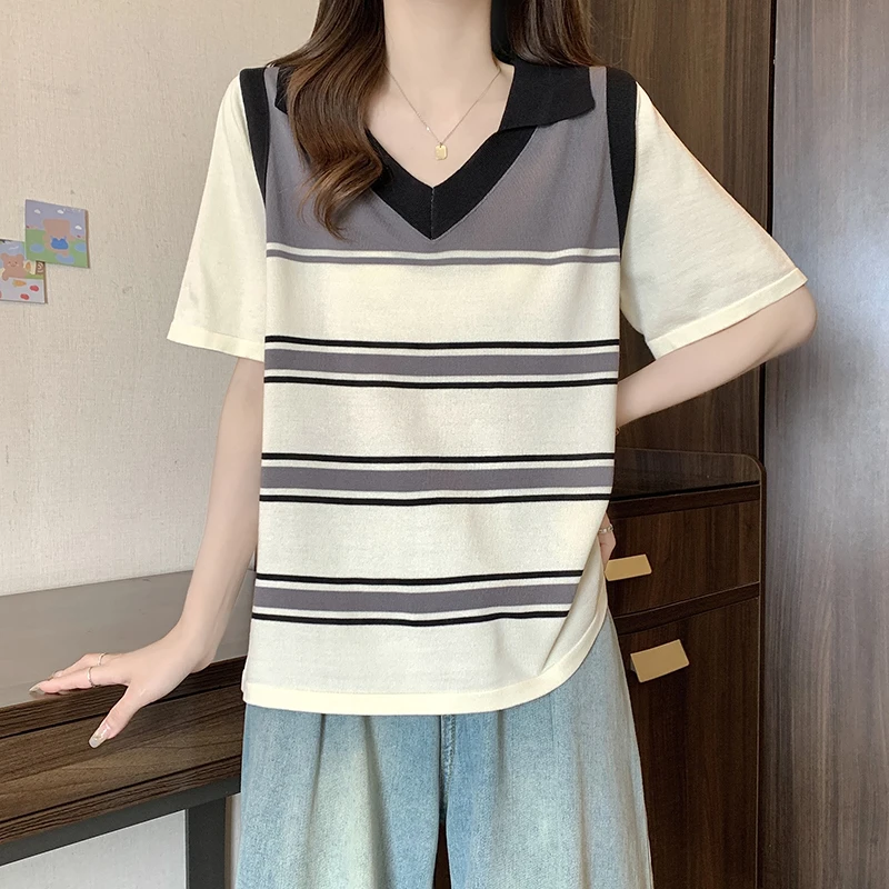 3182大码2025夏装洋气拼色假两件条纹冰丝短袖胖M~百搭V领针织衫