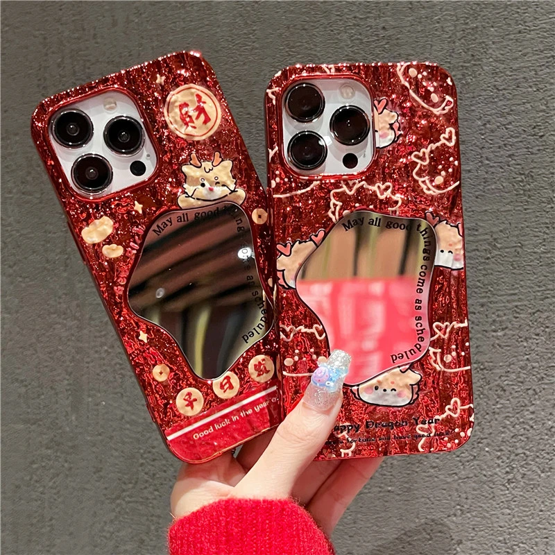 适用苹果15手机壳新年补妆镜子iphone14华为荣耀oppovivo女款网红
