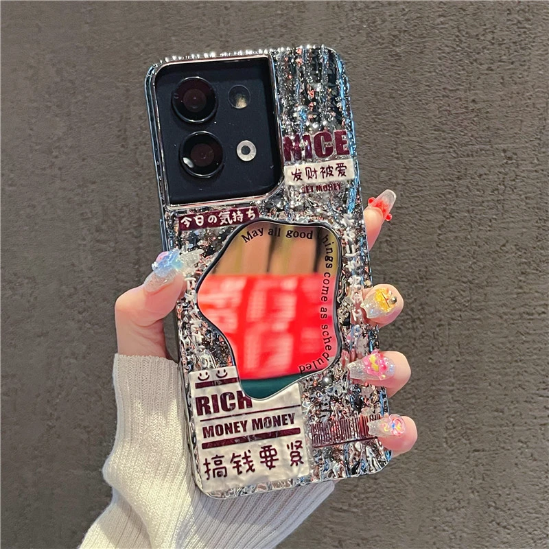 适用【opporeno8】手机壳补妆镜子reno8pro电镀软女款网红发财被爱