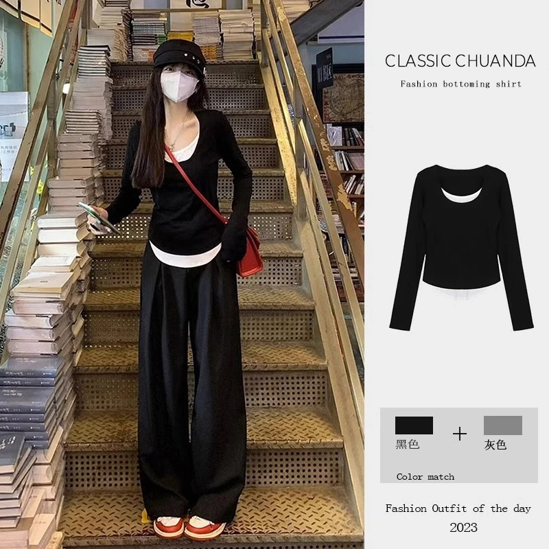 秋季撞色假两件拼色修身百搭长袖T恤女不规则显瘦小众女上衣0091