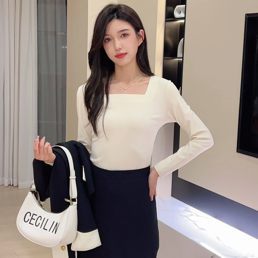 W753方领打底衫女士秋冬纯色休闲百搭磨毛打底衫时尚修身显瘦上衣