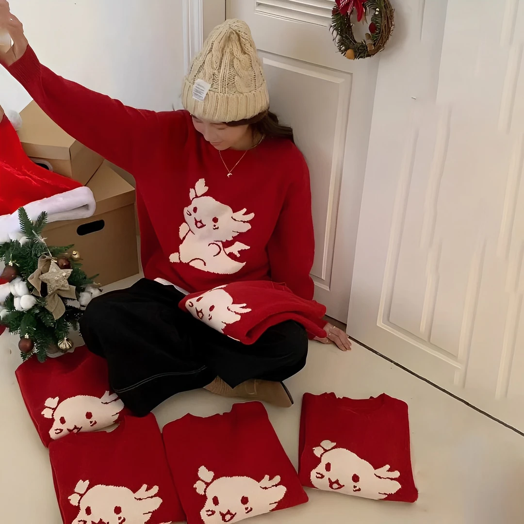 冬季加厚毛衣女新年氛围感宽松保暖情侣针织衫龙年国潮风上衣F588