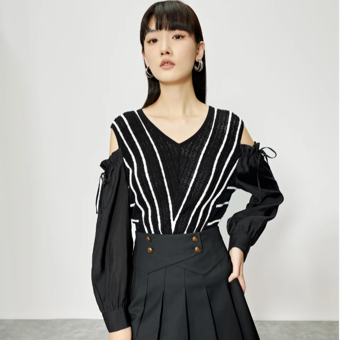 【小花专属】商场同款新品3D立体花纹V领露肩针织衫NDY2A31560
