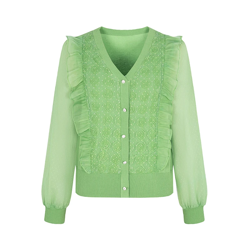 【品牌】商场同款新品法式荷叶边网纱盘花针织衫NDY7B33156