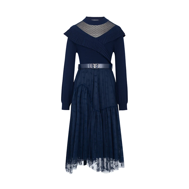 【品牌】商场同款新品假两件毛衣拼接网纱连衣裙N1910B34056