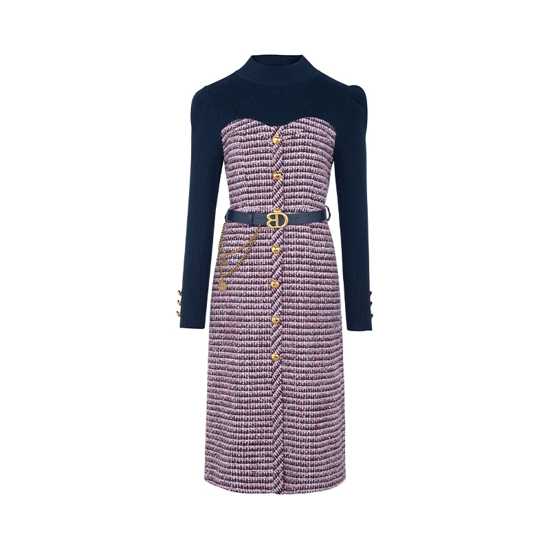 【品牌】商场同款新品撞色小香风假两件连衣裙N1910B34073