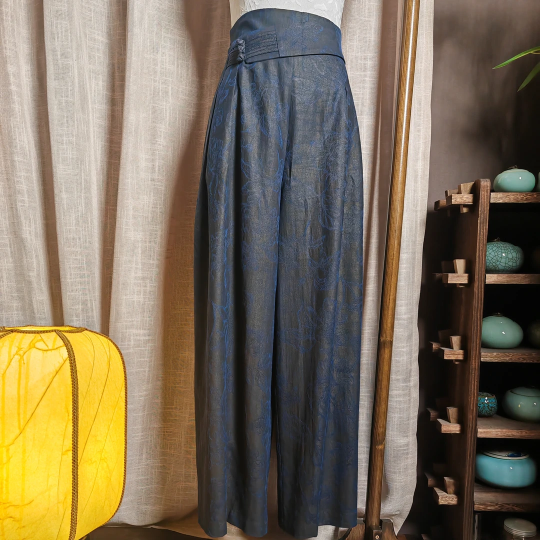 百分桑蚕丝长裤新中式老钱风蓝色腰部盘扣设计宽腰头气质阔腿裤