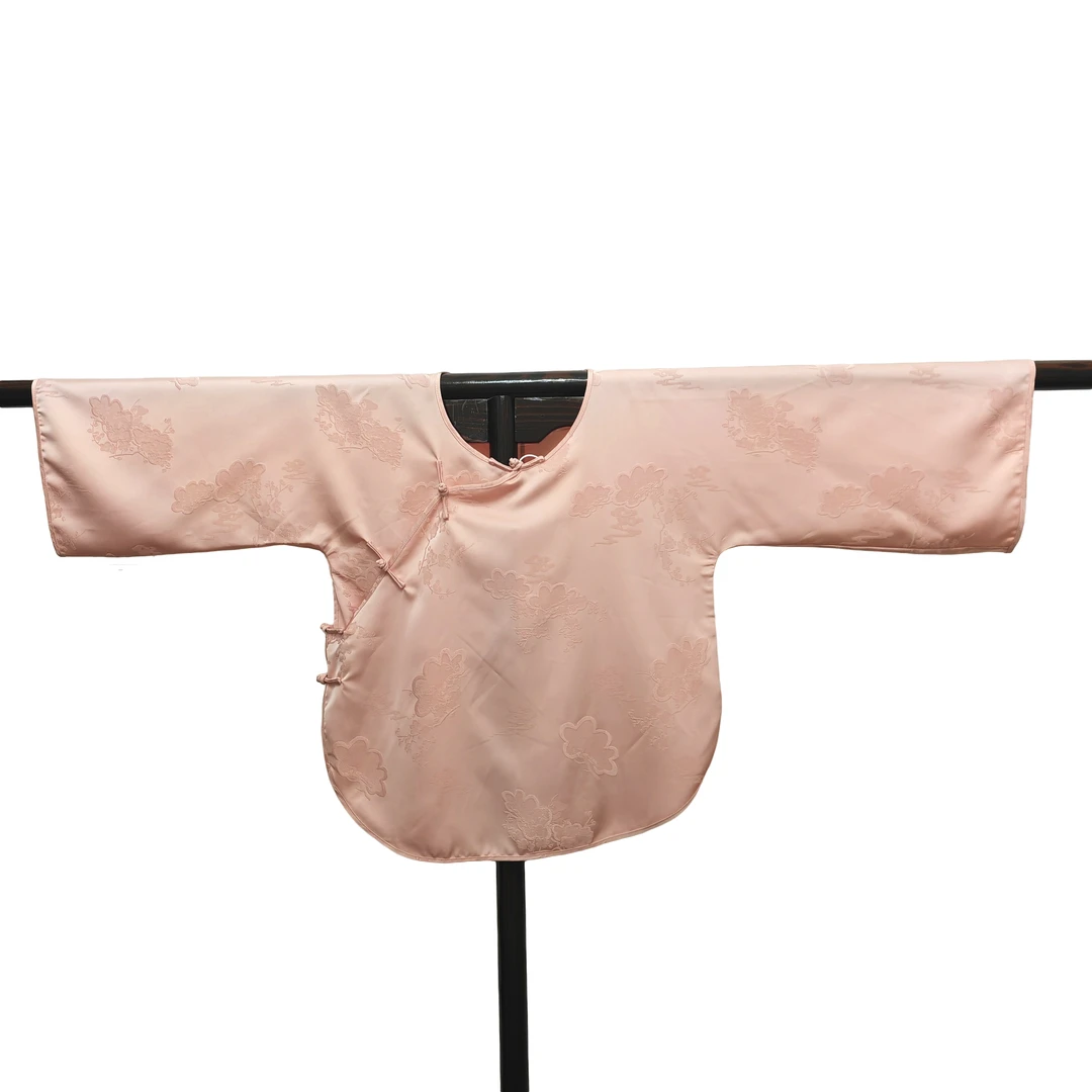 2024新款春夏芙蓉粉女士中国风复古圆领斜襟七分袖提花中式上衣