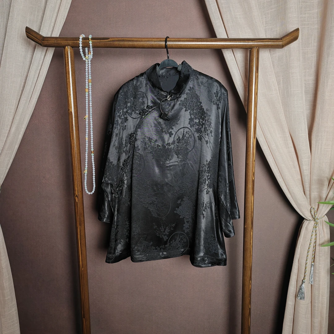 春夏新中式国风复古斜襟立领提花喇叭袖缎面百搭简约气质国风上衣
