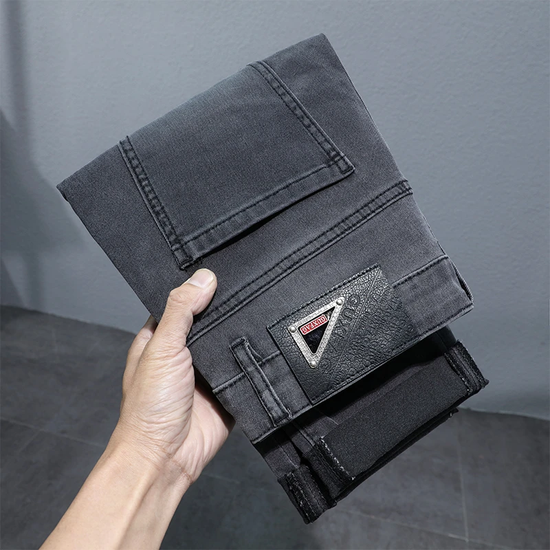 2025轻奢春秋欧美潮牌灰色弹力休闲修身直筒牛仔裤男款长裤子男