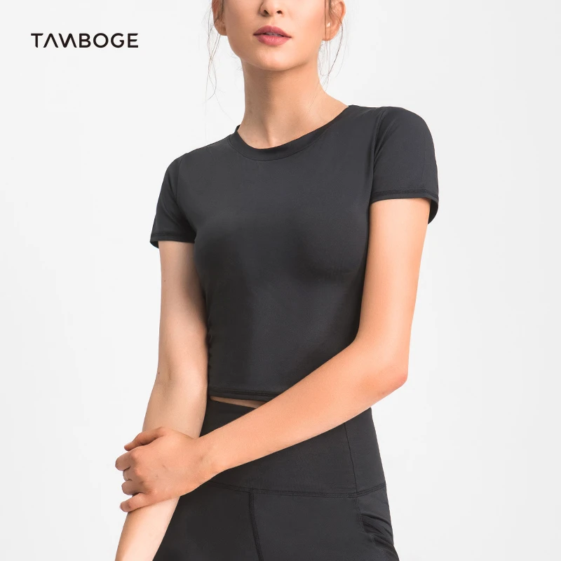 lw089健身女紧身短款弹力速干透气白色瑜伽T恤女短袖跑步运动上衣