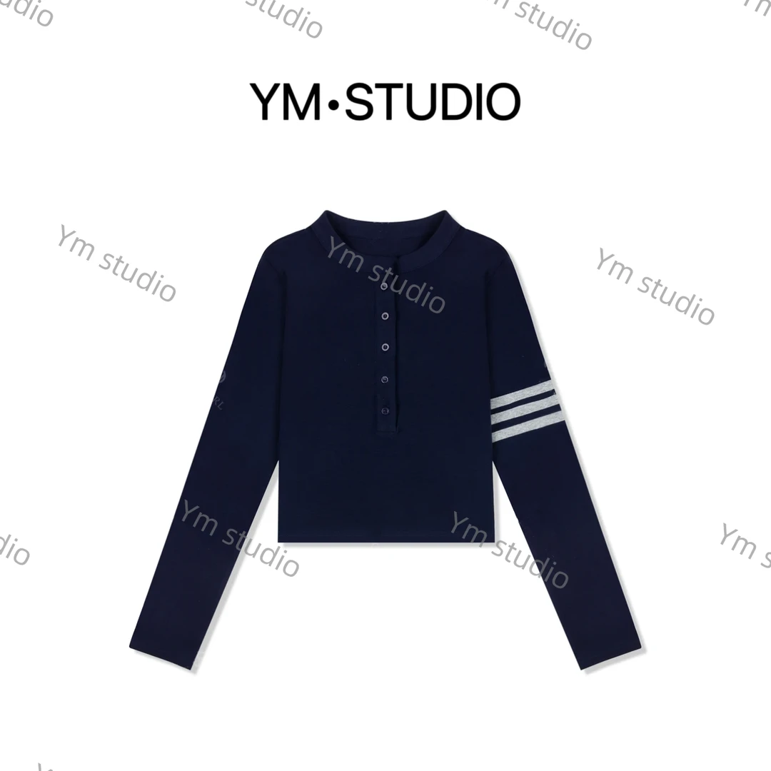 XIXI茜茜【三条杠】秋季新款针织纽扣设计三条杠女装上衣T恤打底衫