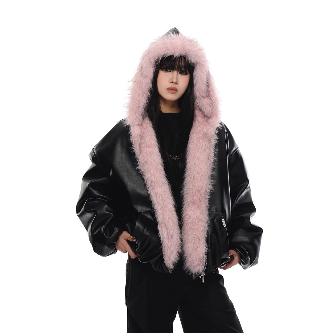 美式粉墨座山雕PU皮男女潮牌毛领连帽短款夹克外套男款秋冬款