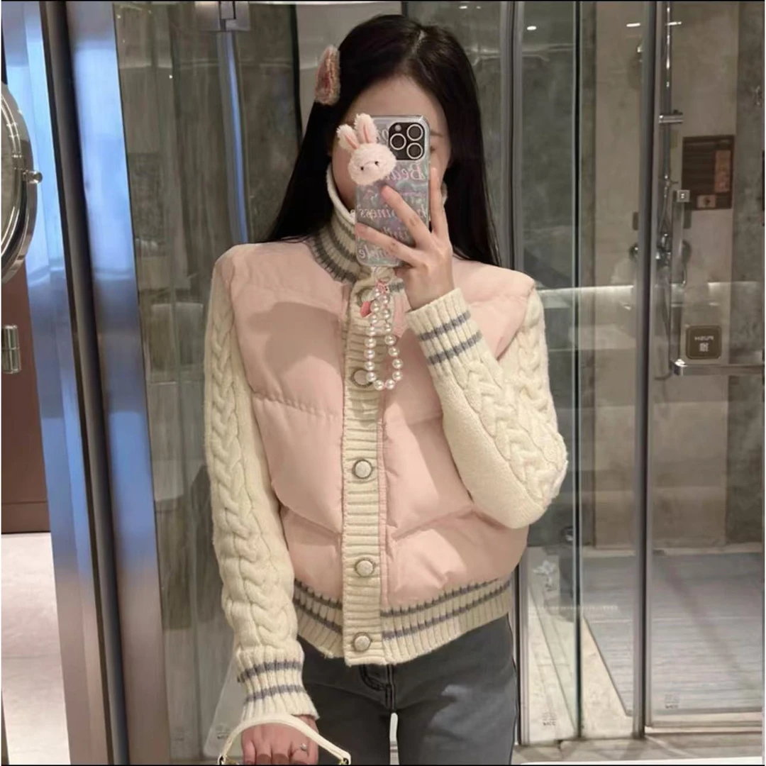 8185冬季小香风粉色拼接针织棉服外套女甜美休闲轻薄立领棉衣