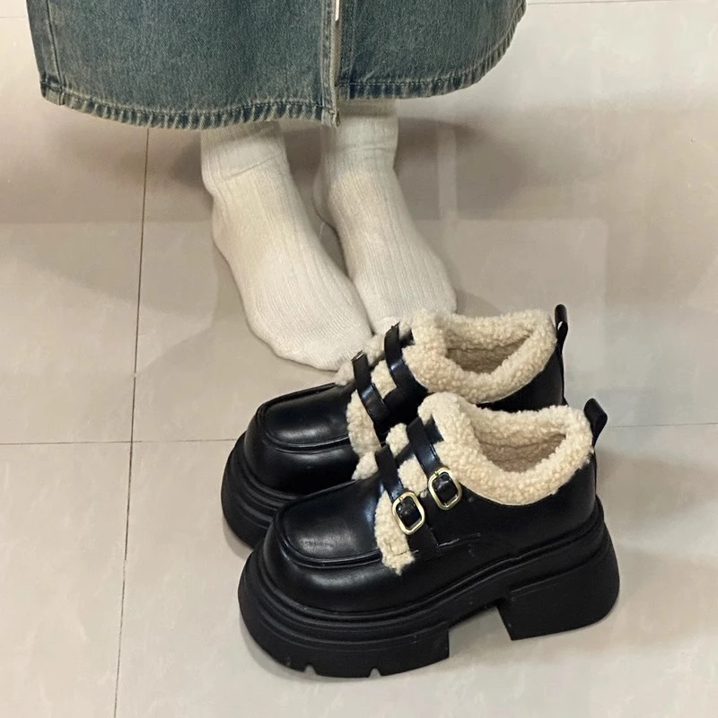 厚底乐福鞋女鞋加绒2023年新款冬季黑色小皮鞋女软底毛毛鞋雪地靴