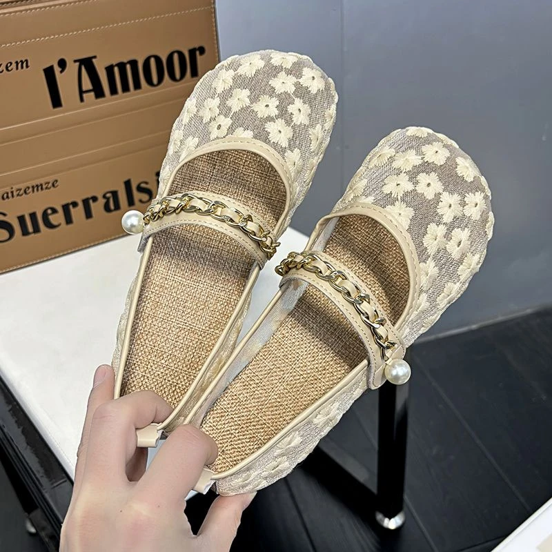 平底夏季蕾丝软底浅口豆豆鞋女鞋透气镂空皮鞋单鞋渔夫鞋轻奢鞋子