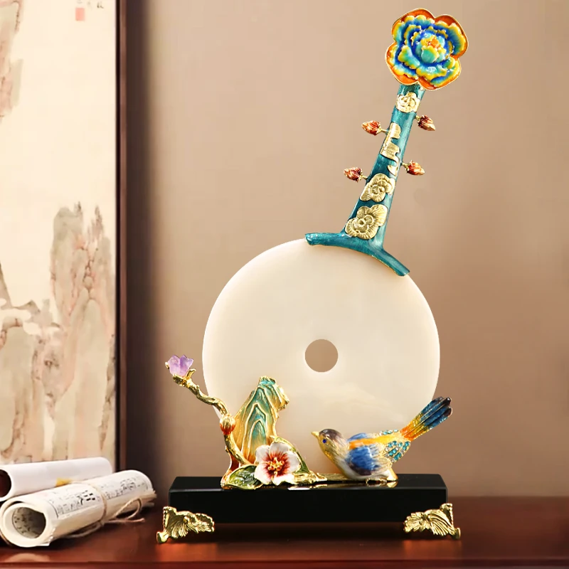 新中式轻奢琵琶平安扣玉石扣珐琅彩摆件客厅酒柜玄关装饰品礼品