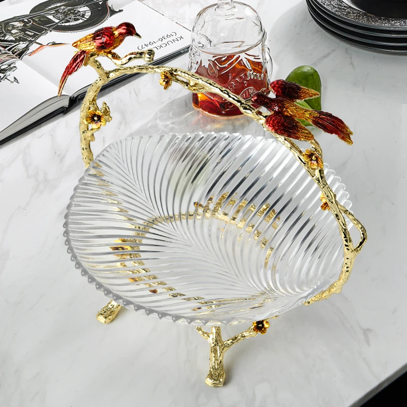 轻奢新中式创意喜鹊玻璃果盘样板房客厅餐桌茶几家居软装饰品摆件