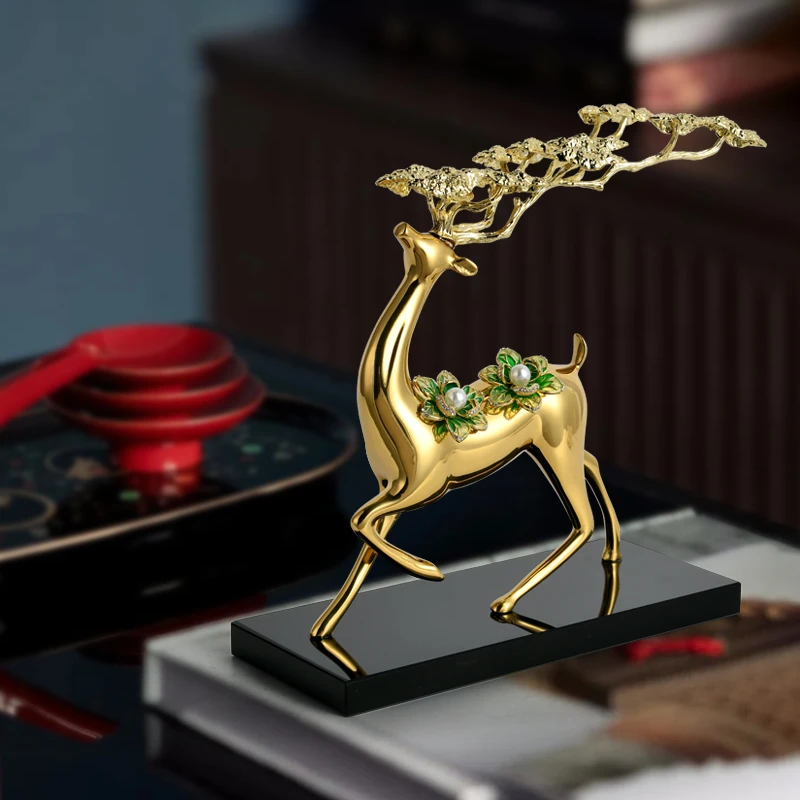 轻奢中式风珐琅彩全铜鹿装饰品客厅卧室书房电视柜玄关柜摆件