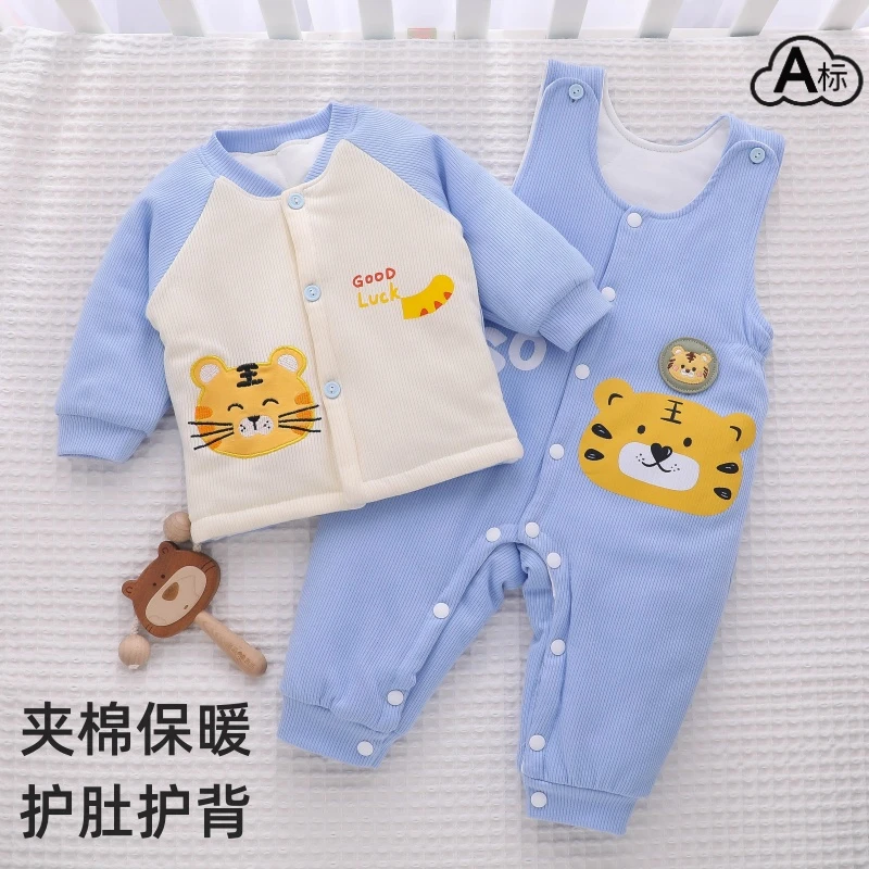 婴儿背带裤男宝宝女暗扣加厚秋冬季裤子高腰护肚夹棉保暖棉裤套装