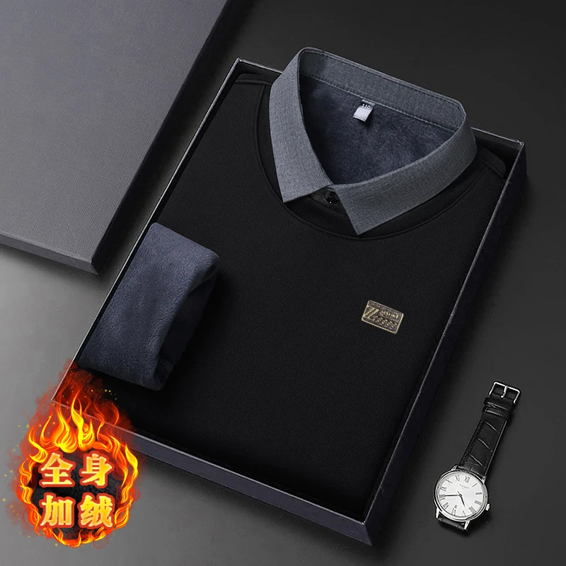 【全身一体绒】冬季新款男士加绒加厚假两件上衣翻领休闲保暖POLO衫