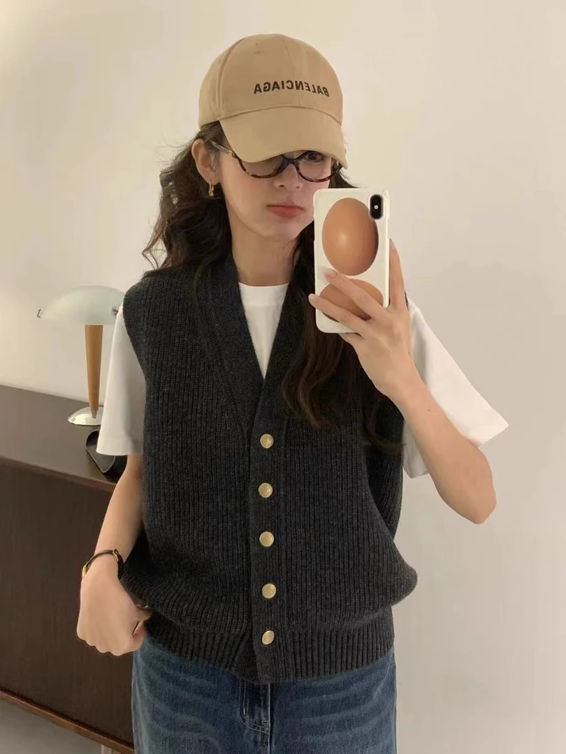 【No退换】EGG韩国东大门羊YANg毛1oo英伦风金扣针织马甲