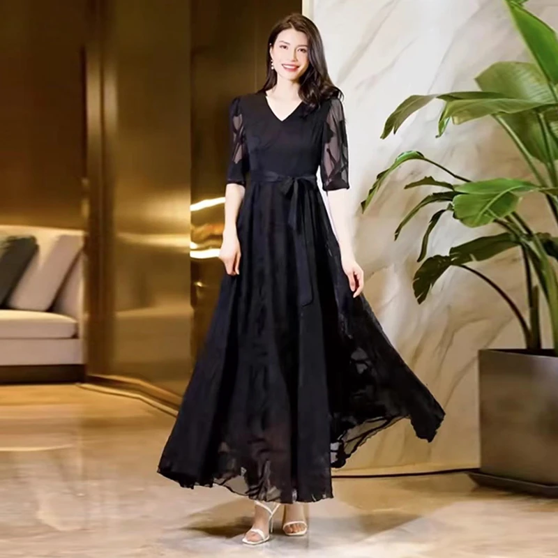 夏季黑色雪纺蕾丝连衣裙女中长款2023新款高贵大摆裙时尚长裙子