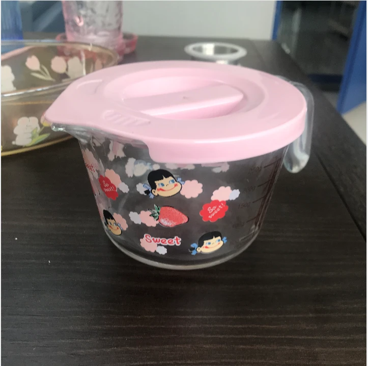 可爱女孩量杯中式纯色卡通圆形送盖透明家用加厚防尘带盖杯盖子