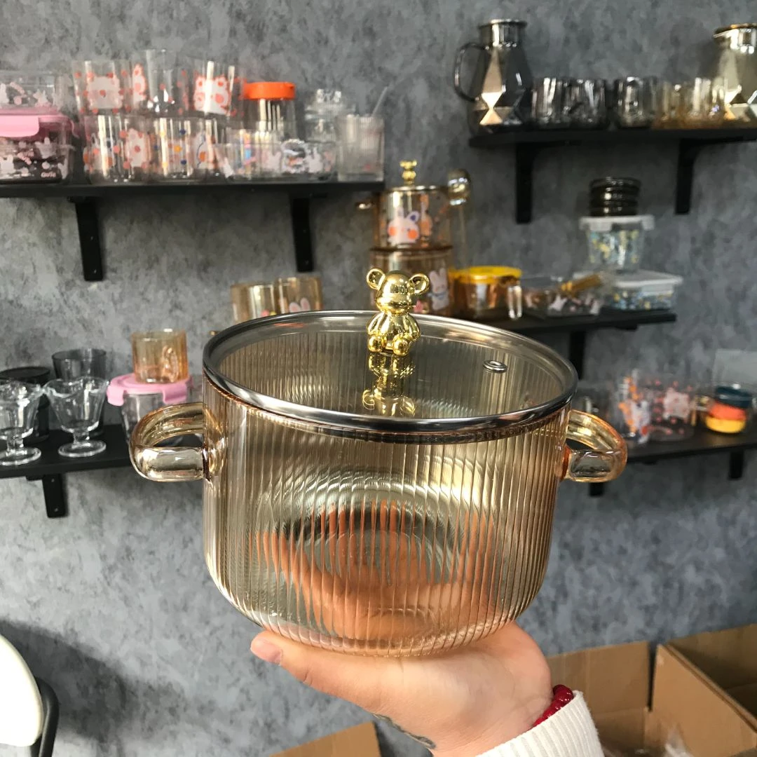 琥珀色竖纹小熊汤锅高硼硅大容量汤碗