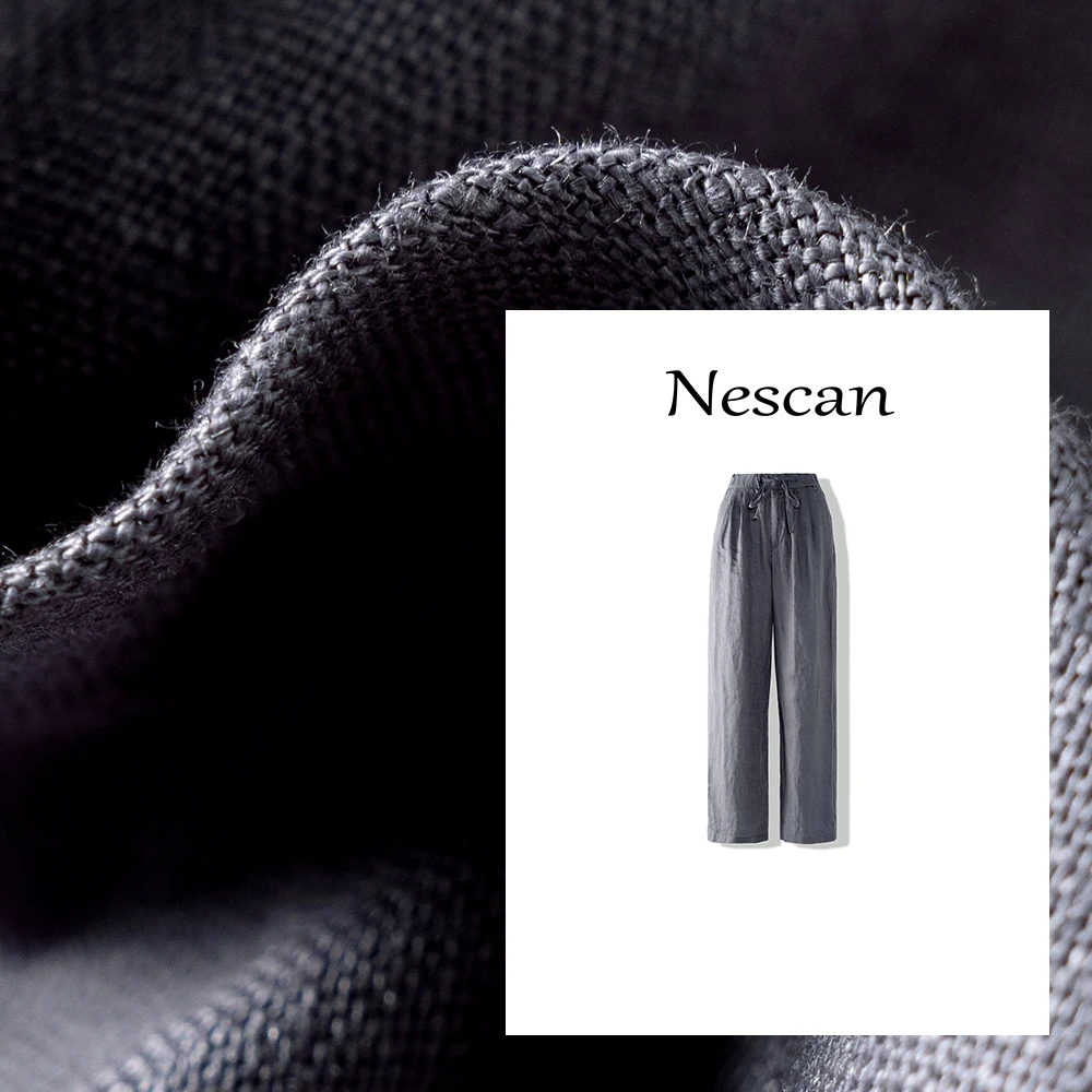 【妮咔Nescan】100%亚麻夏季新款纯色亚麻直筒裤高腰松紧腰休闲长裤