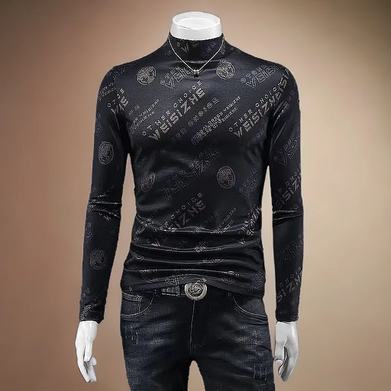 秋冬季新款潮流男士轻奢修身时尚印花中领加厚长袖T恤个性打底衫