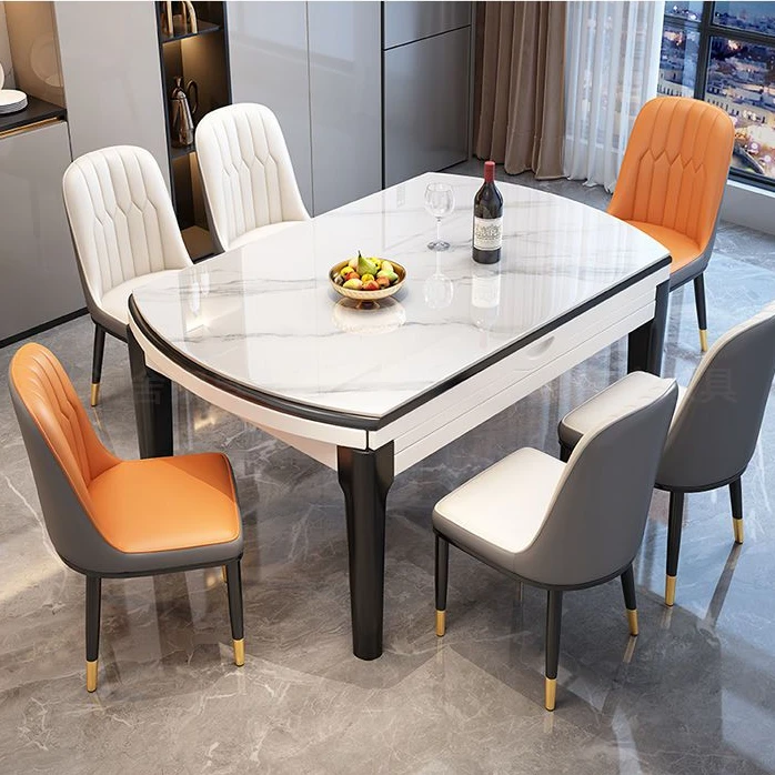 岩板餐桌餐椅组合小户型高端简约家用实木吃饭桌子圆桌可伸缩折叠