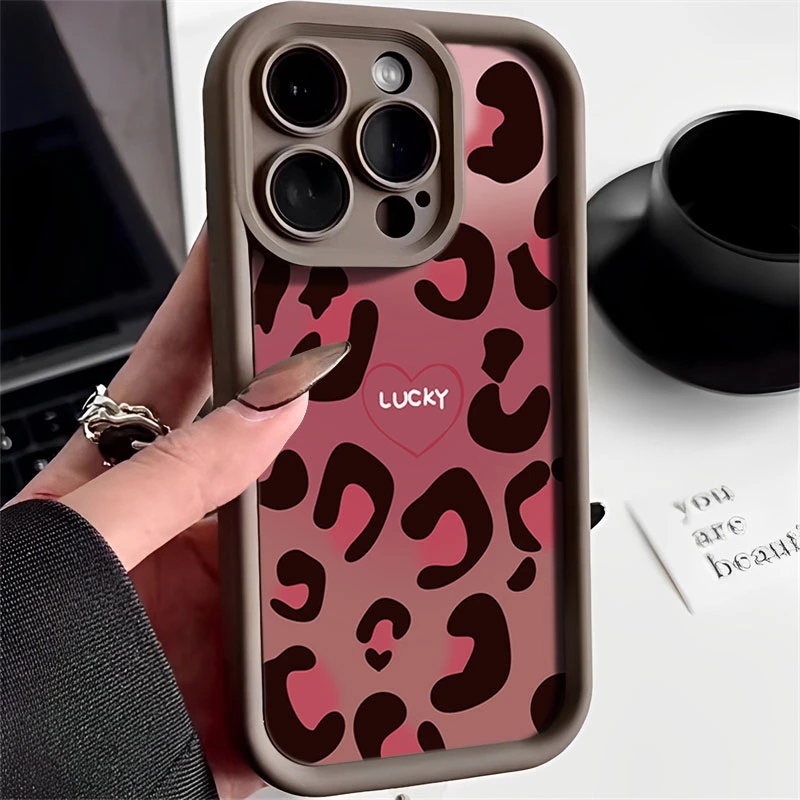 晕染爱心豹纹适用iphone16苹果手机壳15promax金刚砂1413全包1211