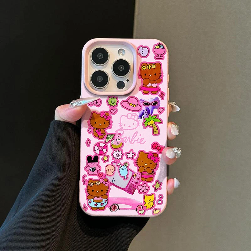 美黑Kitty适用苹果1615手机壳iPhone14promax高级感13荔枝纹12软x