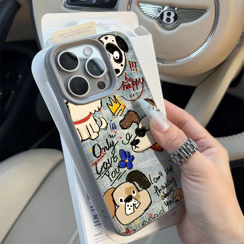 涂鸦彩绘小狗适用苹果16p/15手机壳iPhone14promax13荔枝纹12软11