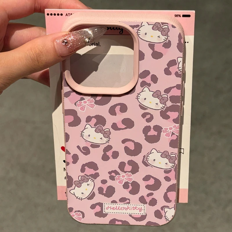 粉豹纹Kitty猫适用苹果16手机壳iphone15/14promax荔枝纹13